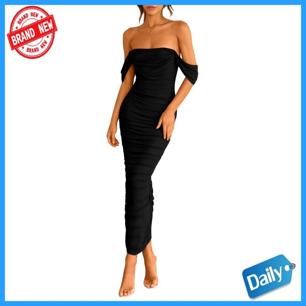 Off Shoulder Ruched Bodycon Maxi Dress Elegant Formal Party Cocktail Wear